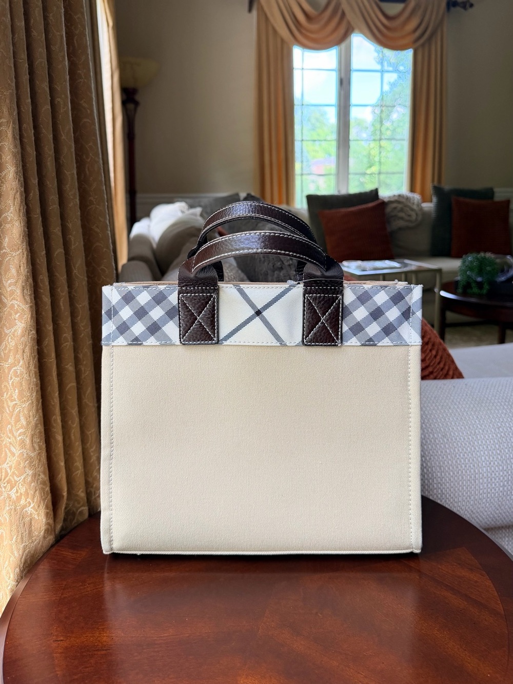 Burberry Blue Label Beige Canvas Nova Check Leather Handle Tote Bag - Picture 2 of 9